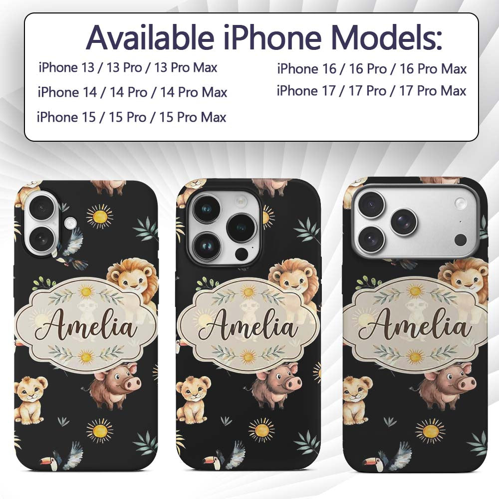 Cute Safari Animals Lion Meerkat Printed Design Custom Name Protective Phone Case Mobile Cover Durable Everyday Smartphone Shock Resistant
