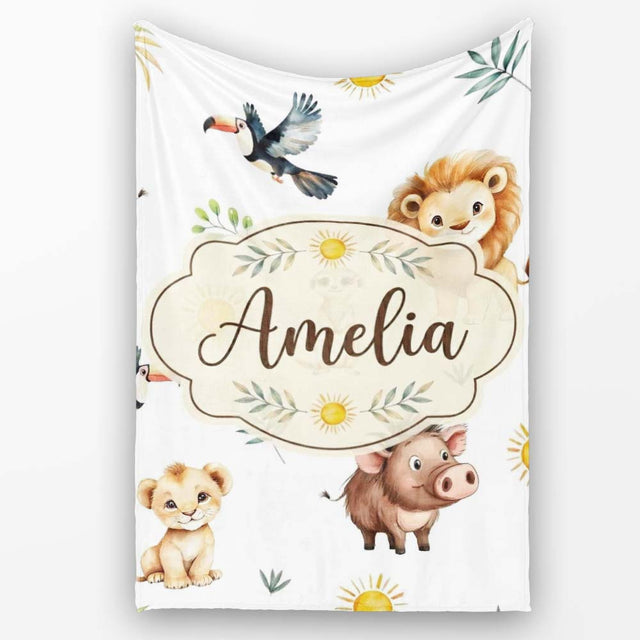 Cute Safari Animals Lion Meerkat Toucan and Warthog with Sun and  Personalised Custom Name Super Soft Fleece Blanket Bed Sofa Throw