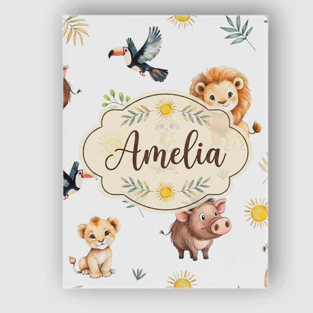 Personalised Name Cute Safari Animals Lion Custom  Unique Gift Idea Elegant Feature Canvas Wall Art Print Decor Picture Ready to Hang