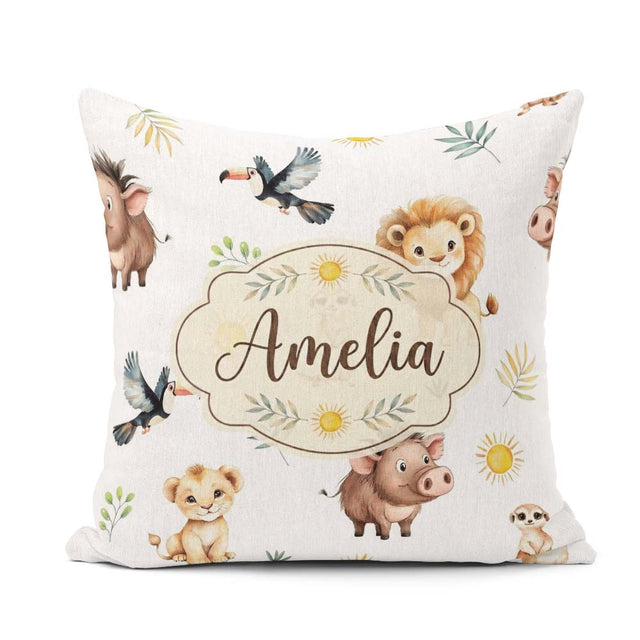 Custom Name Safari Animals Lion Meerkat and Warthog with Sun and Square Filled Cushion Throw Pillow Sofa Bed Home Decor Zip Washable UK Made