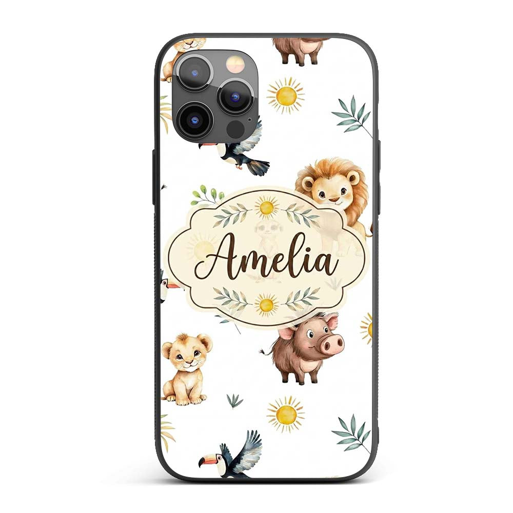 Cute Safari Animals Lion Meerkat Printed Design Custom Name Protective Phone Case Mobile Cover Durable Everyday Smartphone Shock Resistant