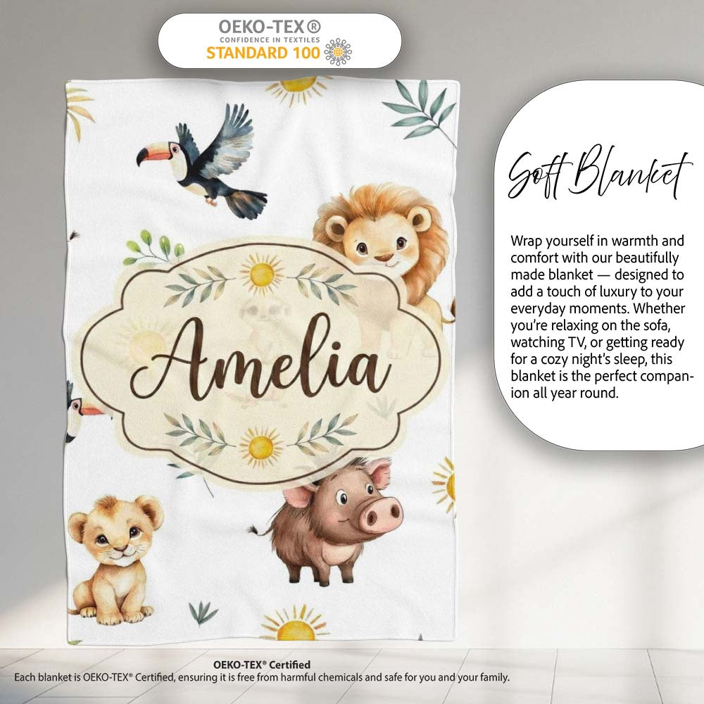 Cute Safari Animals Lion Meerkat Toucan and Warthog with Sun and  Personalised Custom Name Super Soft Fleece Blanket Bed Sofa Throw