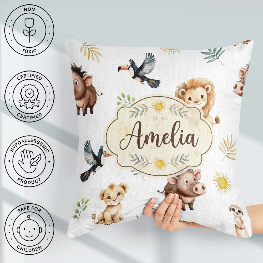 Custom Name Safari Animals Lion Meerkat and Warthog with Sun and Square Filled Cushion Throw Pillow Sofa Bed Home Decor Zip Washable UK Made