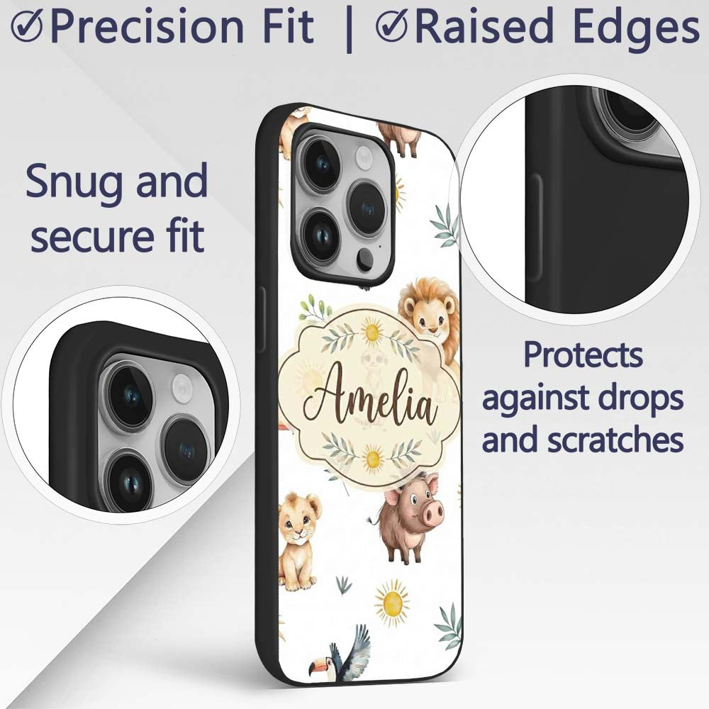 Cute Safari Animals Lion Meerkat Printed Design Custom Name Protective Phone Case Mobile Cover Durable Everyday Smartphone Shock Resistant