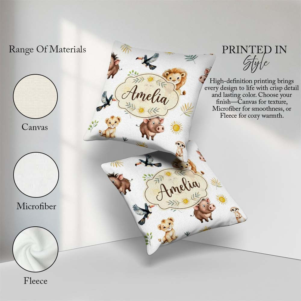 Custom Name Safari Animals Lion Meerkat and Warthog with Sun and Square Filled Cushion Throw Pillow Sofa Bed Home Decor Zip Washable UK Made