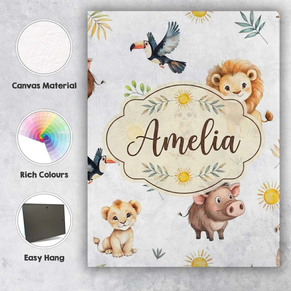Personalised Name Cute Safari Animals Lion Custom  Unique Gift Idea Elegant Feature Canvas Wall Art Print Decor Picture Ready to Hang