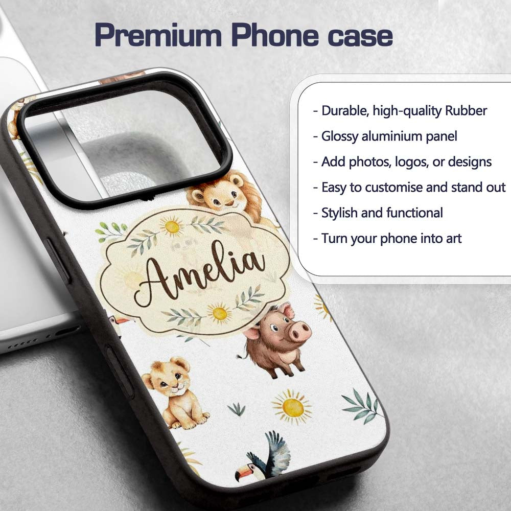 Cute Safari Animals Lion Meerkat Printed Design Custom Name Protective Phone Case Mobile Cover Durable Everyday Smartphone Shock Resistant