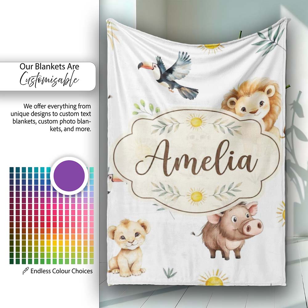 Cute Safari Animals Lion Meerkat Toucan and Warthog with Sun and  Personalised Custom Name Super Soft Fleece Blanket Bed Sofa Throw