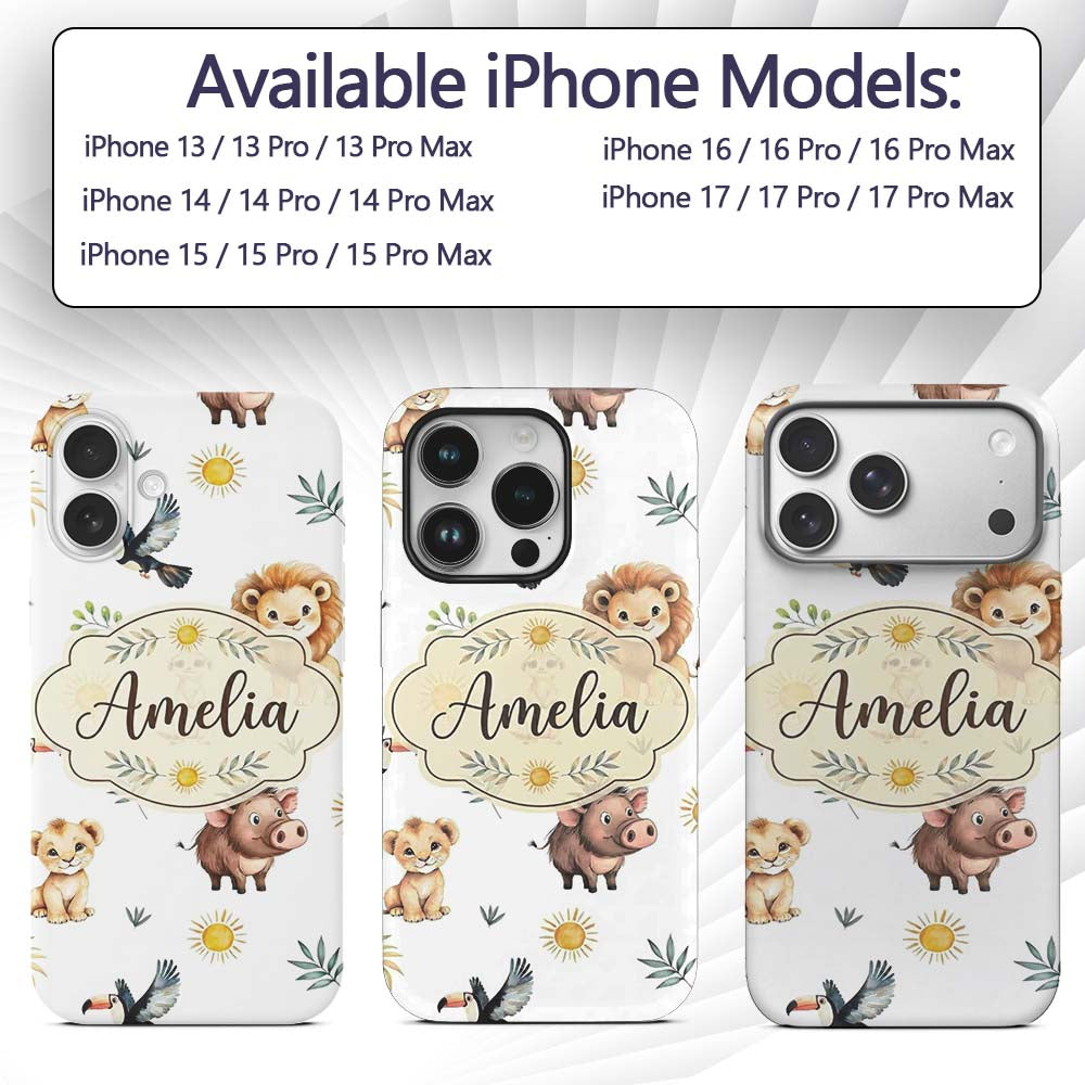 Cute Safari Animals Lion Meerkat Printed Design Custom Name Protective Phone Case Mobile Cover Durable Everyday Smartphone Shock Resistant