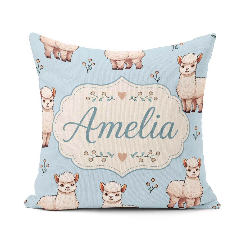 Custom Name Alpaca Llama Pattern with Floral Sprigs on Soft Blue Square Filled Cushion Throw Pillow Sofa Bed Home Decor Zip Washable UK Made