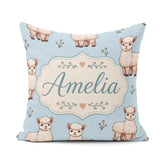 Custom Name Alpaca Llama Pattern with Floral Sprigs on Soft Blue Square Filled Cushion Throw Pillow Sofa Bed Home Decor Zip Washable UK Made