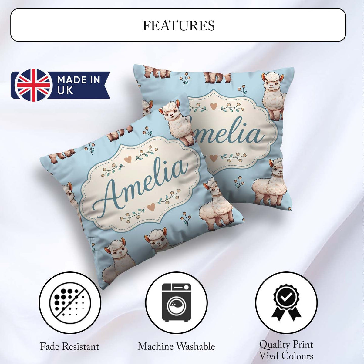 Custom Name Alpaca Llama Pattern with Floral Sprigs on Soft Blue Square Filled Cushion Throw Pillow Sofa Bed Home Decor Zip Washable UK Made