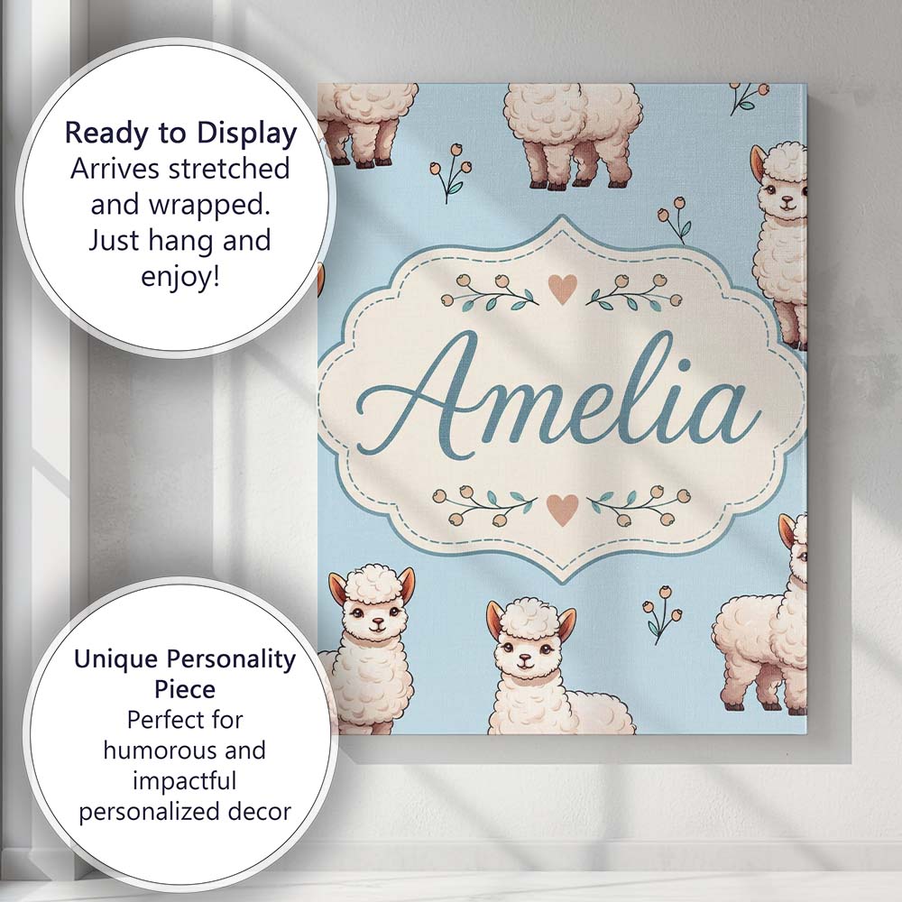 Personalised Name Cute Alpaca Llama Pattern Custom  Bespoke Interior Contemporary Canvas Wall Art Print Decor Picture Ready to Hang