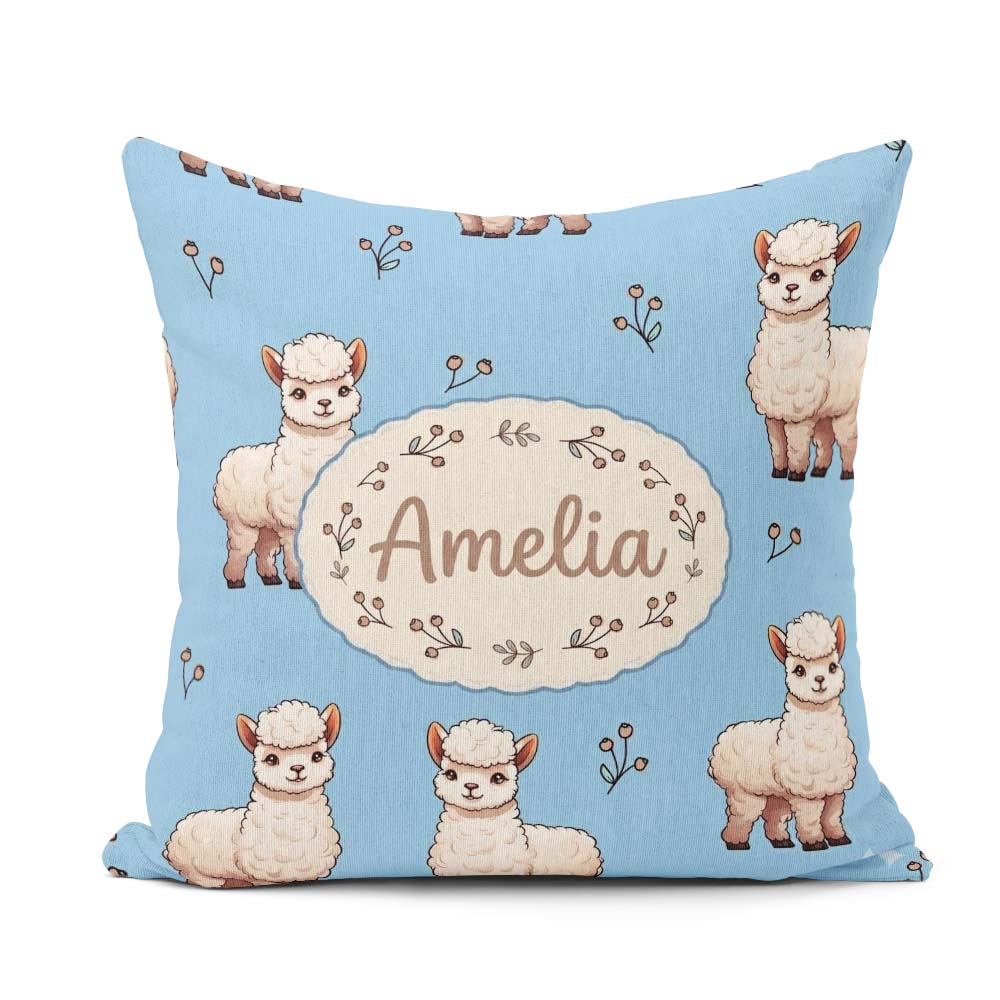 Custom Name Cute Alpaca Llama Pattern with Floral Sprigs on Blue Square Filled Cushion Throw Pillow Sofa Bed Home Decor Zip Washable UK Made