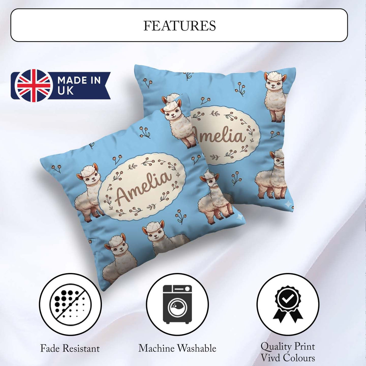 Custom Name Cute Alpaca Llama Pattern with Floral Sprigs on Blue Square Filled Cushion Throw Pillow Sofa Bed Home Decor Zip Washable UK Made
