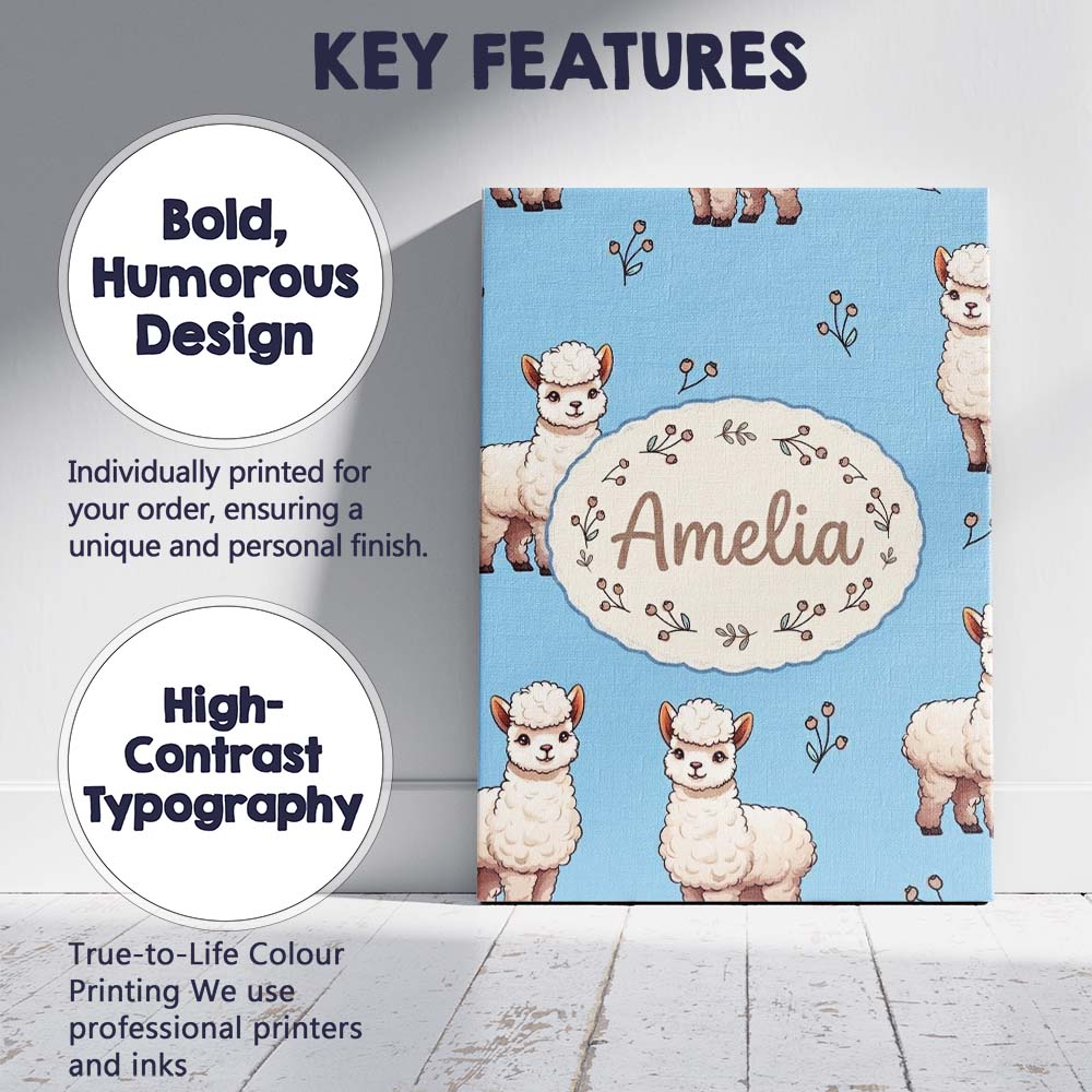 Personalised Name Cute Alpaca Llama Pattern Custom  Bespoke Interior Contemporary Canvas Wall Art Print Decor Picture Ready to Hang