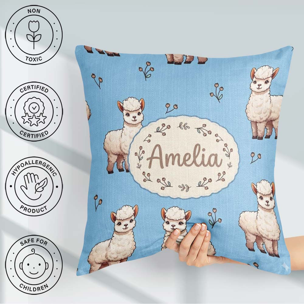Custom Name Cute Alpaca Llama Pattern with Floral Sprigs on Blue Square Filled Cushion Throw Pillow Sofa Bed Home Decor Zip Washable UK Made