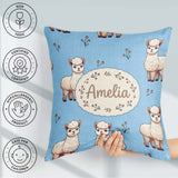 Custom Name Cute Alpaca Llama Pattern with Floral Sprigs on Blue Square Filled Cushion Throw Pillow Sofa Bed Home Decor Zip Washable UK Made