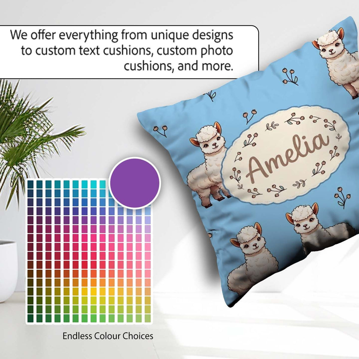 Custom Name Cute Alpaca Llama Pattern with Floral Sprigs on Blue Square Filled Cushion Throw Pillow Sofa Bed Home Decor Zip Washable UK Made