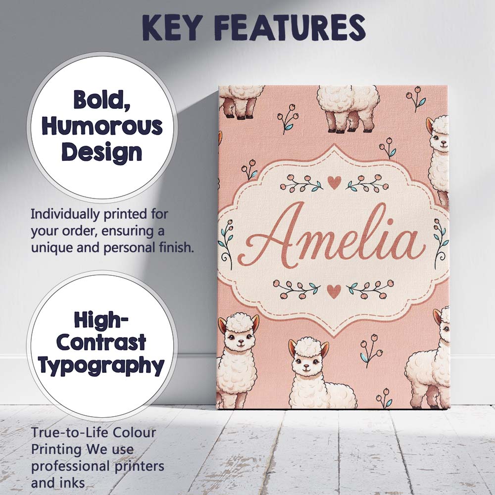Personalised Name Cute Alpaca Llama Pattern Custom  Bespoke Interior Contemporary Canvas Wall Art Print Decor Picture Ready to Hang