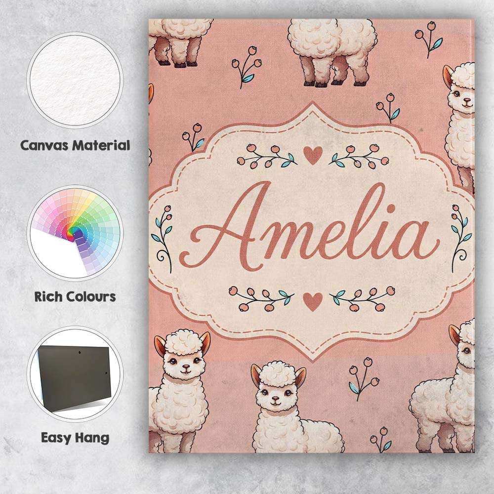 Personalised Name Cute Alpaca Llama Pattern Custom  Bespoke Interior Contemporary Canvas Wall Art Print Decor Picture Ready to Hang