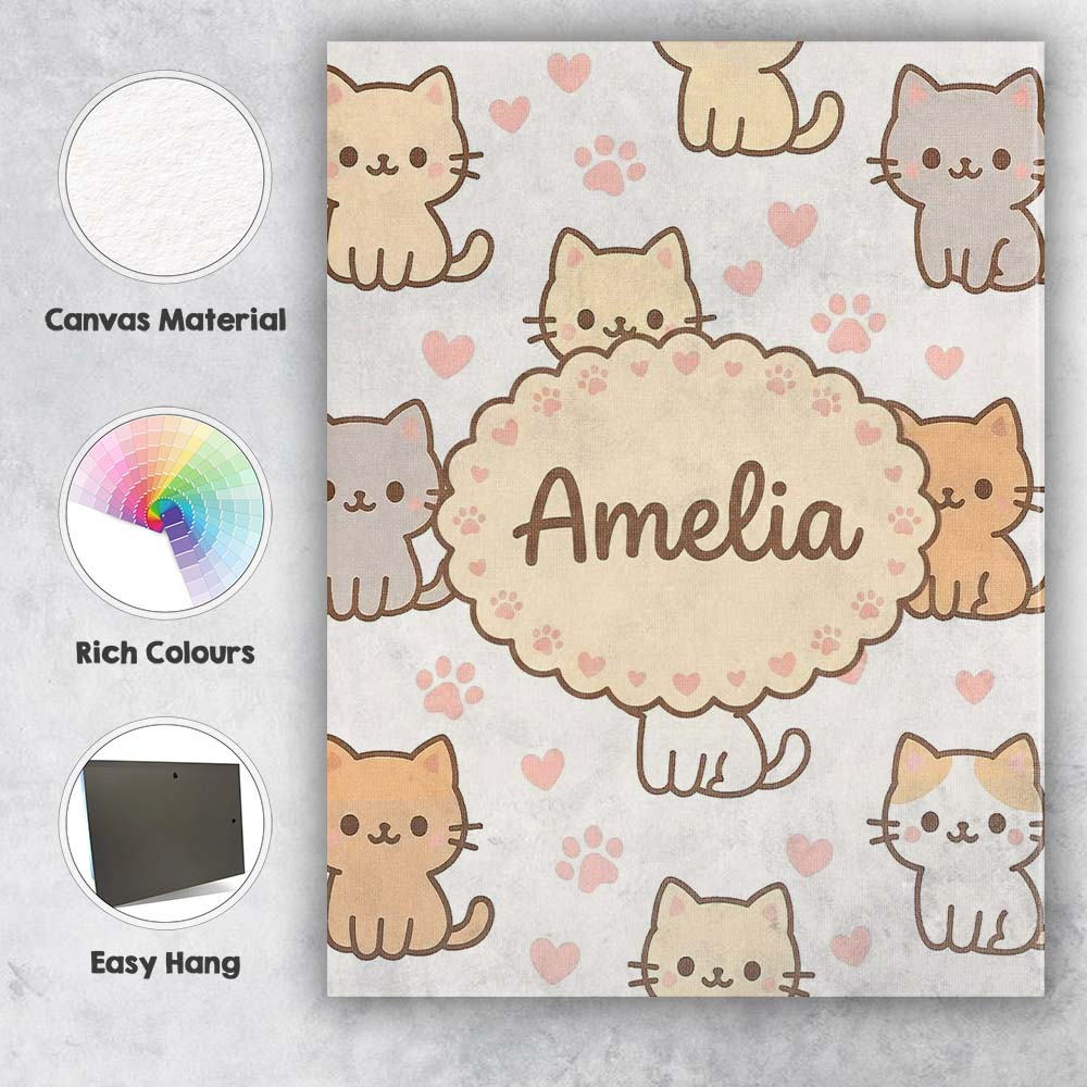 Personalised Name Cute Kitten Hearts Cartoon Animal Pattern Charming Custom  Home Canvas Wall Art Print Decor Picture Ready to Hang
