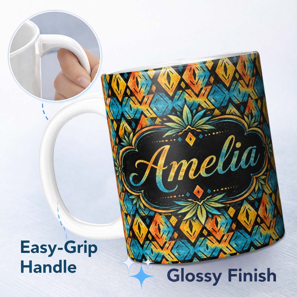 Personalized Custom Name Bold Abstract Diamond Tribal Black Background Seamless Pattern 11oz Ceramic Coffee Tea Mug White Large Handle