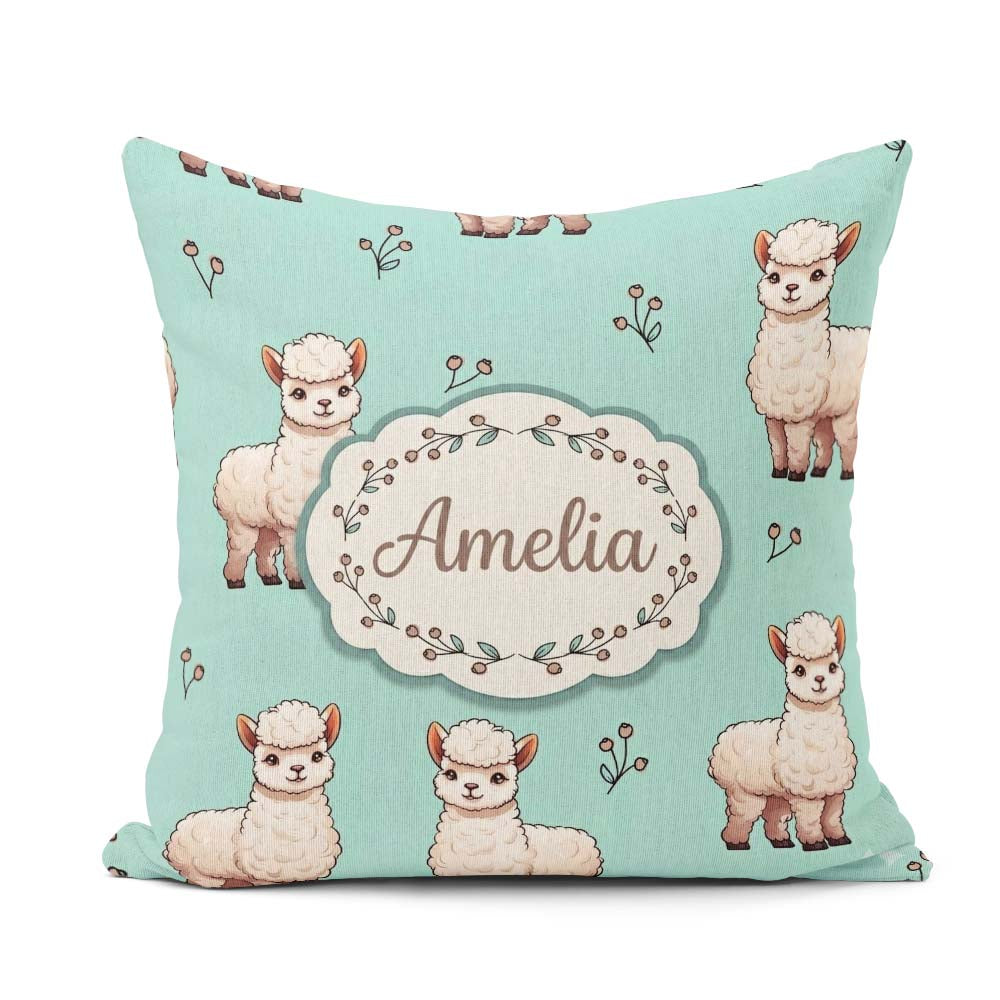 Custom Name Cute Alpaca Llama Pattern with Floral Sprigs on Teal Square Filled Cushion Throw Pillow Sofa Bed Home Decor Zip Washable UK Made