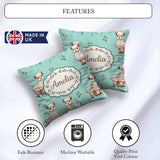 Custom Name Cute Alpaca Llama Pattern with Floral Sprigs on Teal Square Filled Cushion Throw Pillow Sofa Bed Home Decor Zip Washable UK Made
