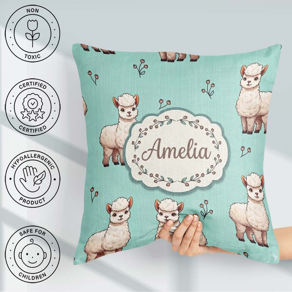 Custom Name Cute Alpaca Llama Pattern with Floral Sprigs on Teal Square Filled Cushion Throw Pillow Sofa Bed Home Decor Zip Washable UK Made