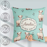 Custom Name Cute Alpaca Llama Pattern with Floral Sprigs on Teal Square Filled Cushion Throw Pillow Sofa Bed Home Decor Zip Washable UK Made