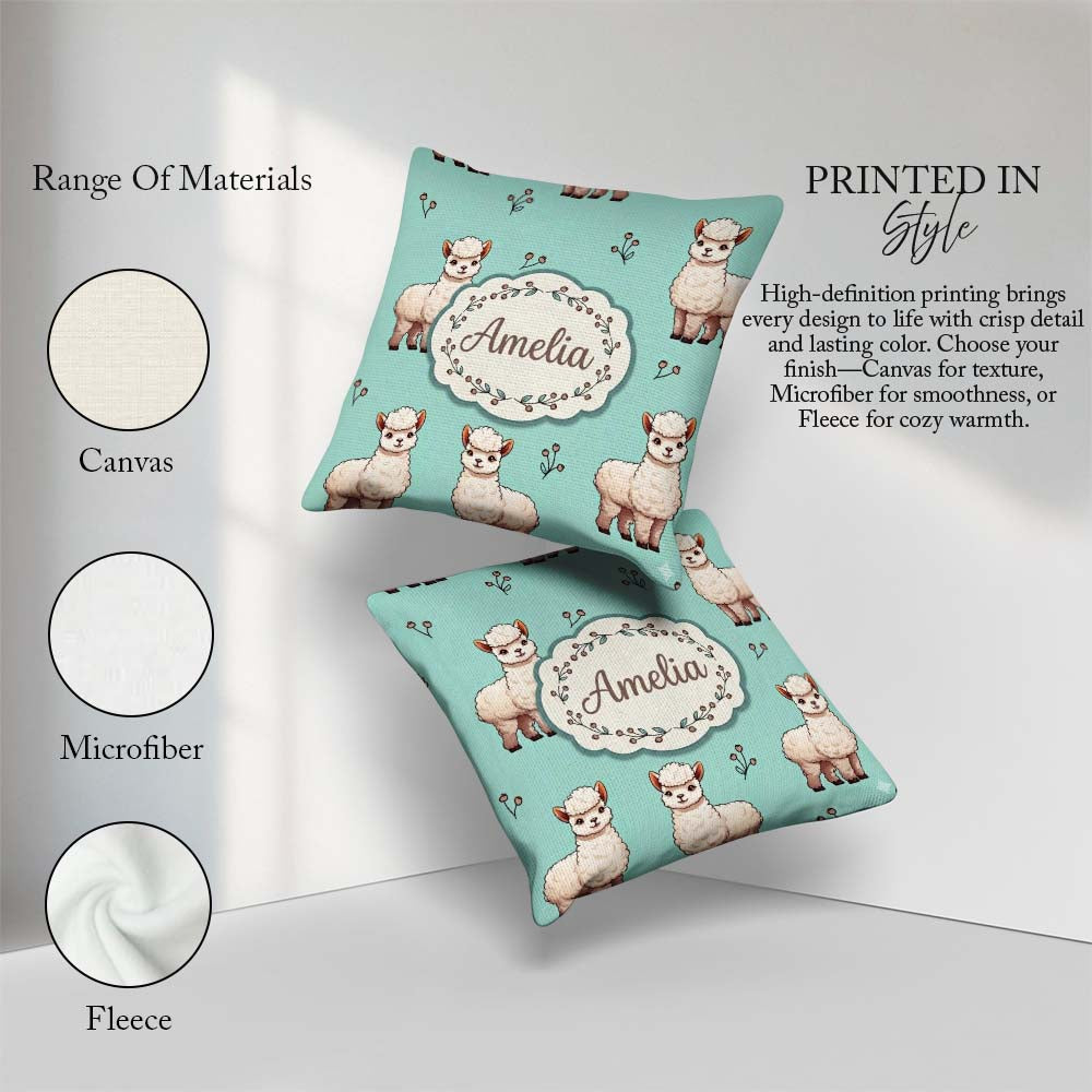 Custom Name Cute Alpaca Llama Pattern with Floral Sprigs on Teal Square Filled Cushion Throw Pillow Sofa Bed Home Decor Zip Washable UK Made