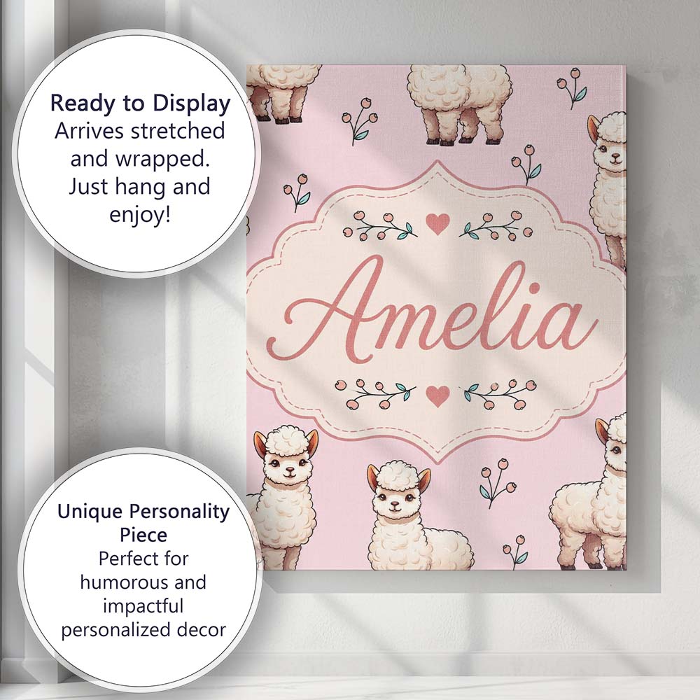Personalised Name Cute Alpaca Llama Pattern Custom  Bespoke Interior Contemporary Canvas Wall Art Print Decor Picture Ready to Hang