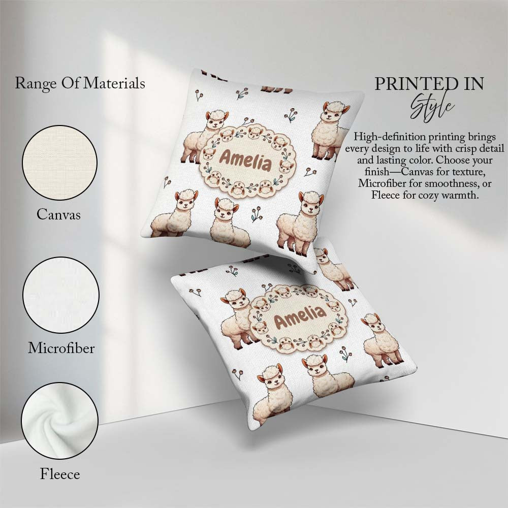 Custom Name Cute Alpaca Llama Pattern with Floral Sprigs on Grey Square Filled Cushion Throw Pillow Sofa Bed Home Decor Zip Washable UK Made