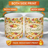 Personalized Custom Name Warm Vintage Pear and Berry Botanical Seamless Pattern Lovely 11oz Ceramic Coffee Tea Mug White Large Handle