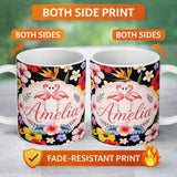 Personalized Custom Name Cute Tropical Hibiscus Flowers Birds of Paradise Bright Floral 11oz Ceramic Coffee Tea Mug White Large Handle