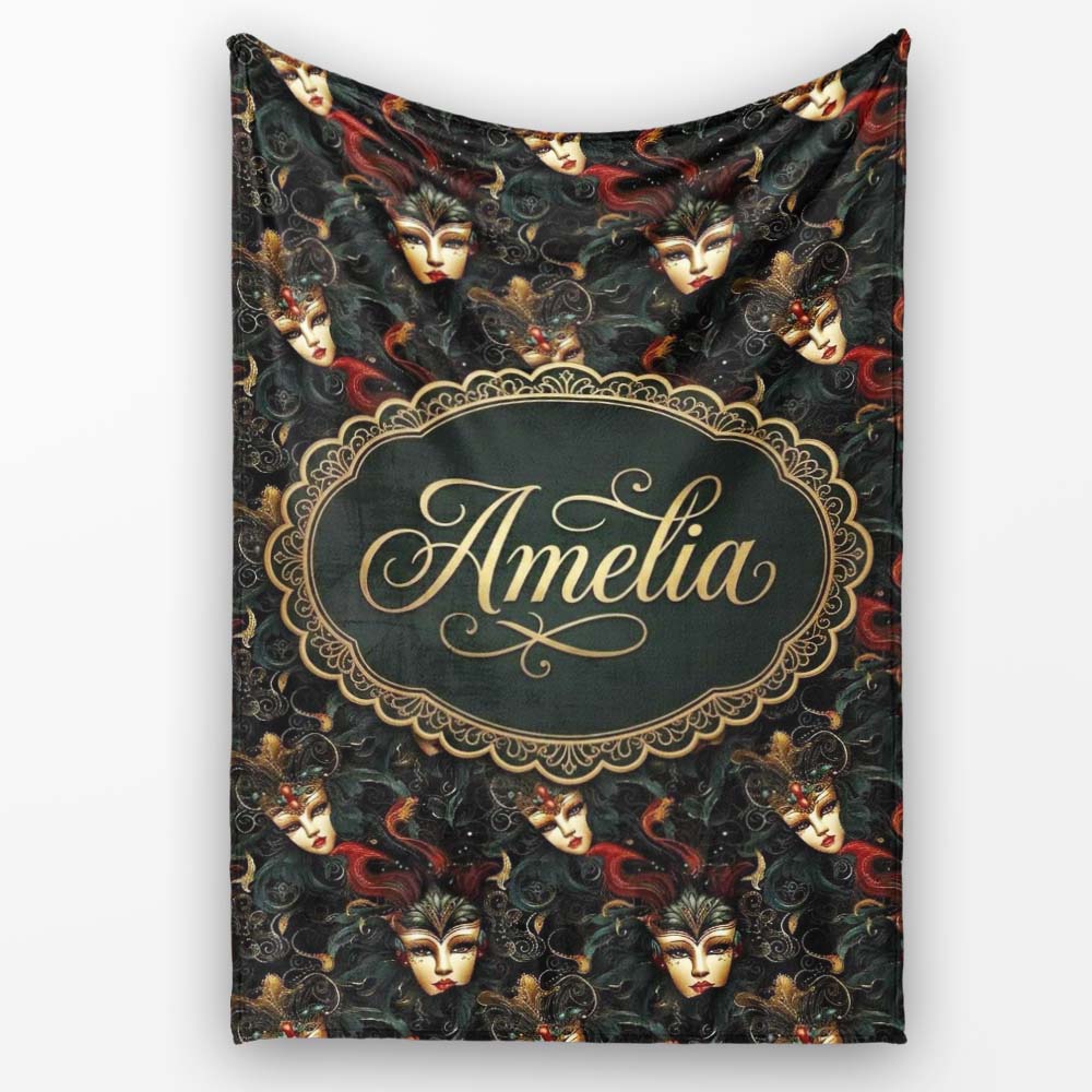 Art Nouveau Style Mask Pattern with Flowing Hair and Decorative  Personalised Custom Name Super Soft Fleece Blanket Bed Sofa Throw