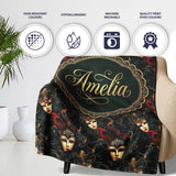 Art Nouveau Style Mask Pattern with Flowing Hair and Decorative  Personalised Custom Name Super Soft Fleece Blanket Bed Sofa Throw