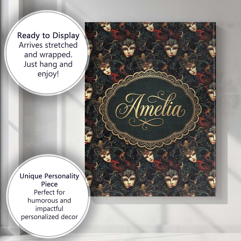 Personalised Name Nouveau Style Mask Custom  Contemporary Display Elegant Feature Canvas Wall Art Print Decor Picture Ready to Hang