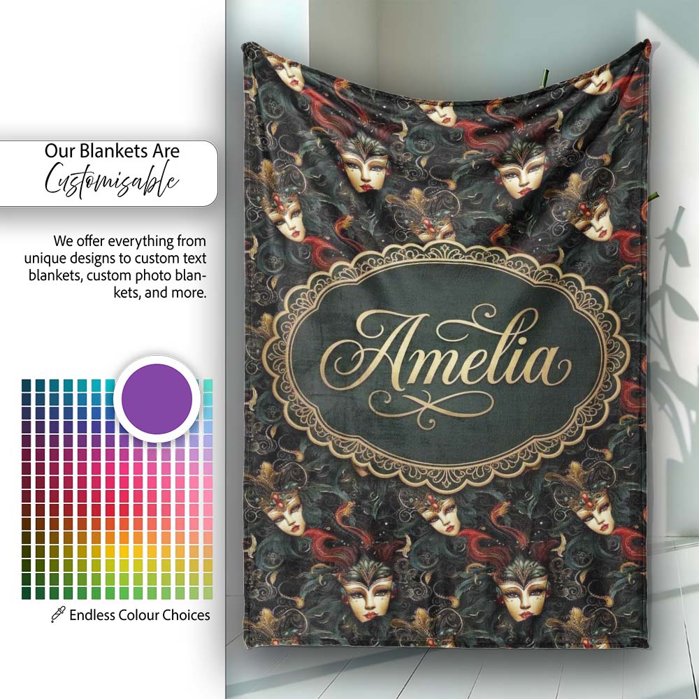 Art Nouveau Style Mask Pattern with Flowing Hair and Decorative  Personalised Custom Name Super Soft Fleece Blanket Bed Sofa Throw