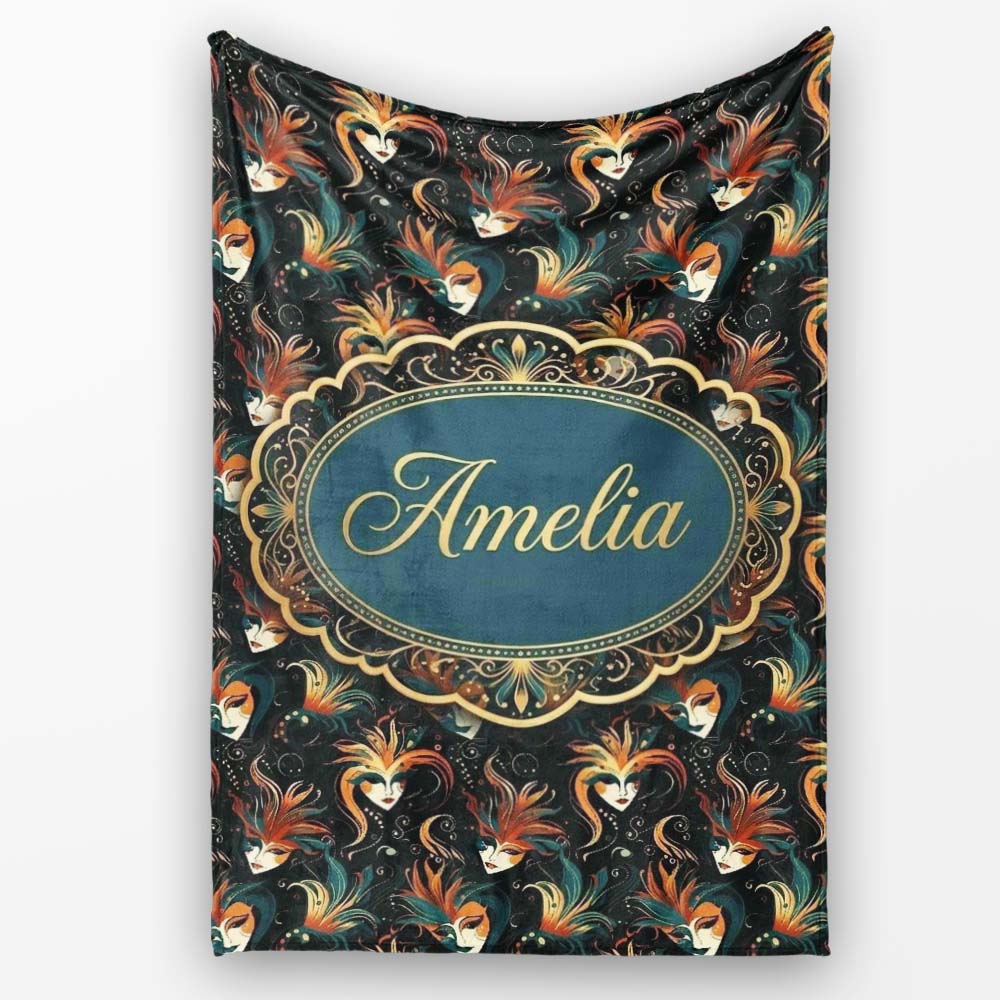 Stylised Fantasy Mask Pattern with Flowing Hair in Warm Orange and  Personalised Custom Name Super Soft Fleece Blanket Bed Sofa Throw