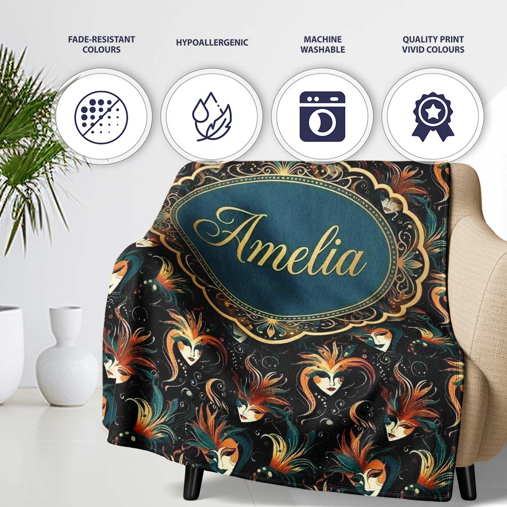 Stylised Fantasy Mask Pattern with Flowing Hair in Warm Orange and  Personalised Custom Name Super Soft Fleece Blanket Bed Sofa Throw