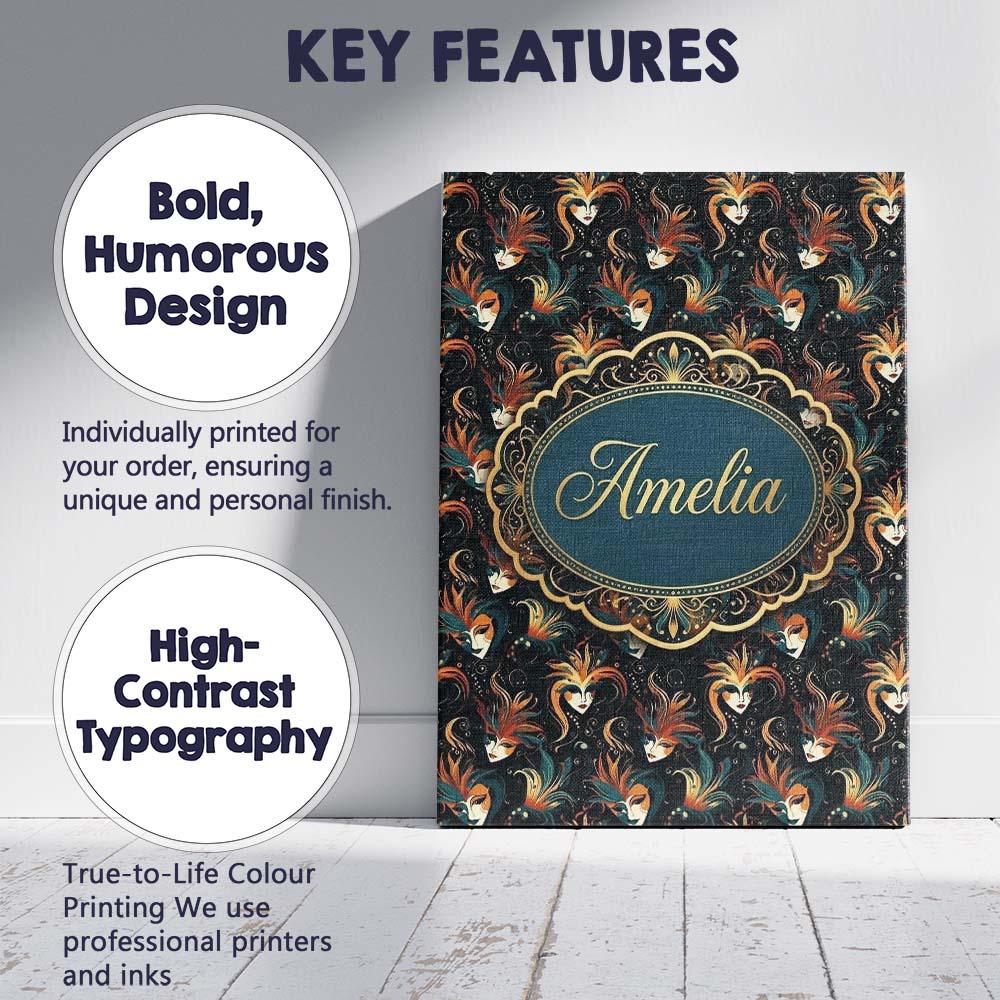 Personalised Name Stylised Fantasy Mask Custom  Modern Room Accent Elegant Feature Canvas Wall Art Print Decor Picture Ready to Hang