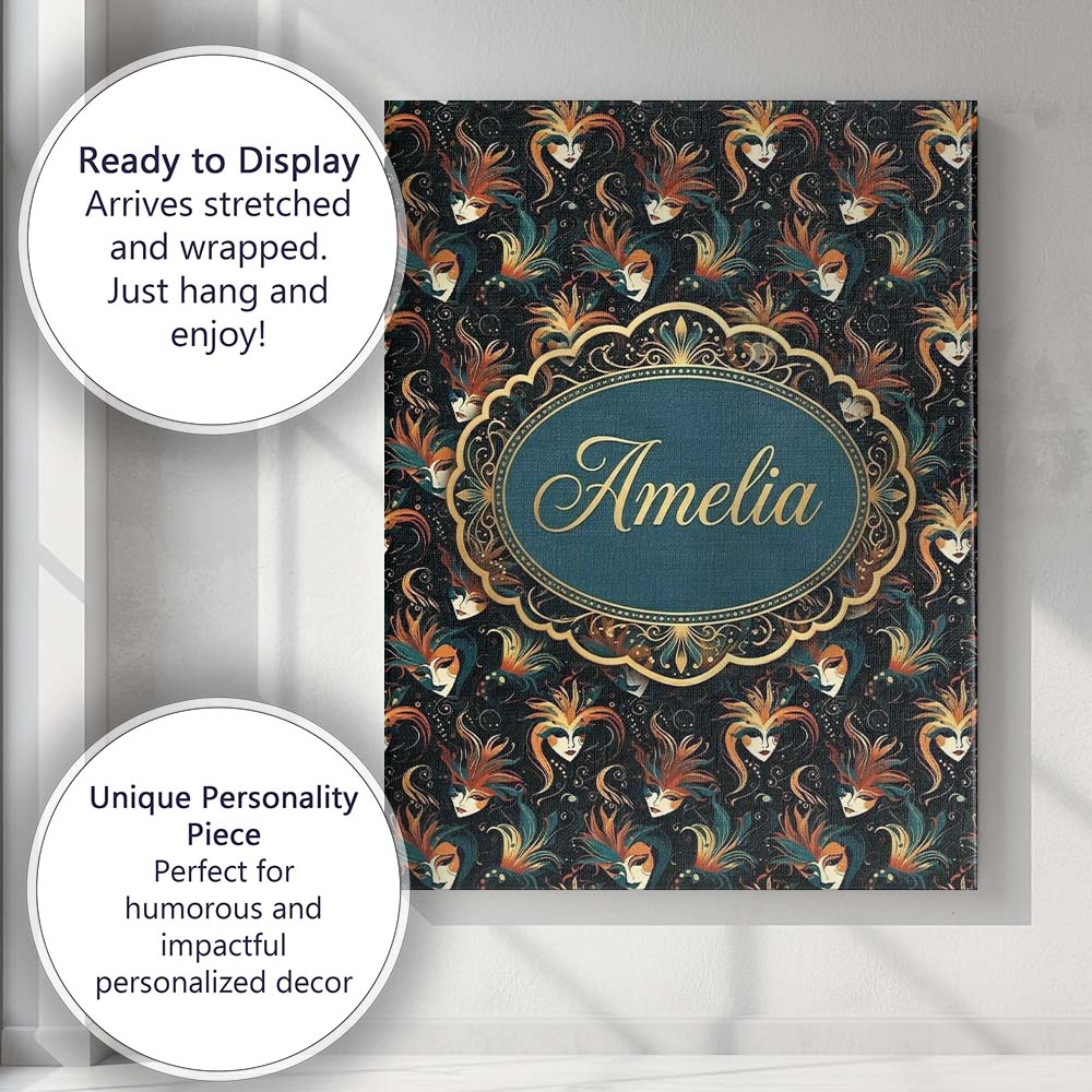 Personalised Name Stylised Fantasy Mask Custom  Modern Room Accent Elegant Feature Canvas Wall Art Print Decor Picture Ready to Hang