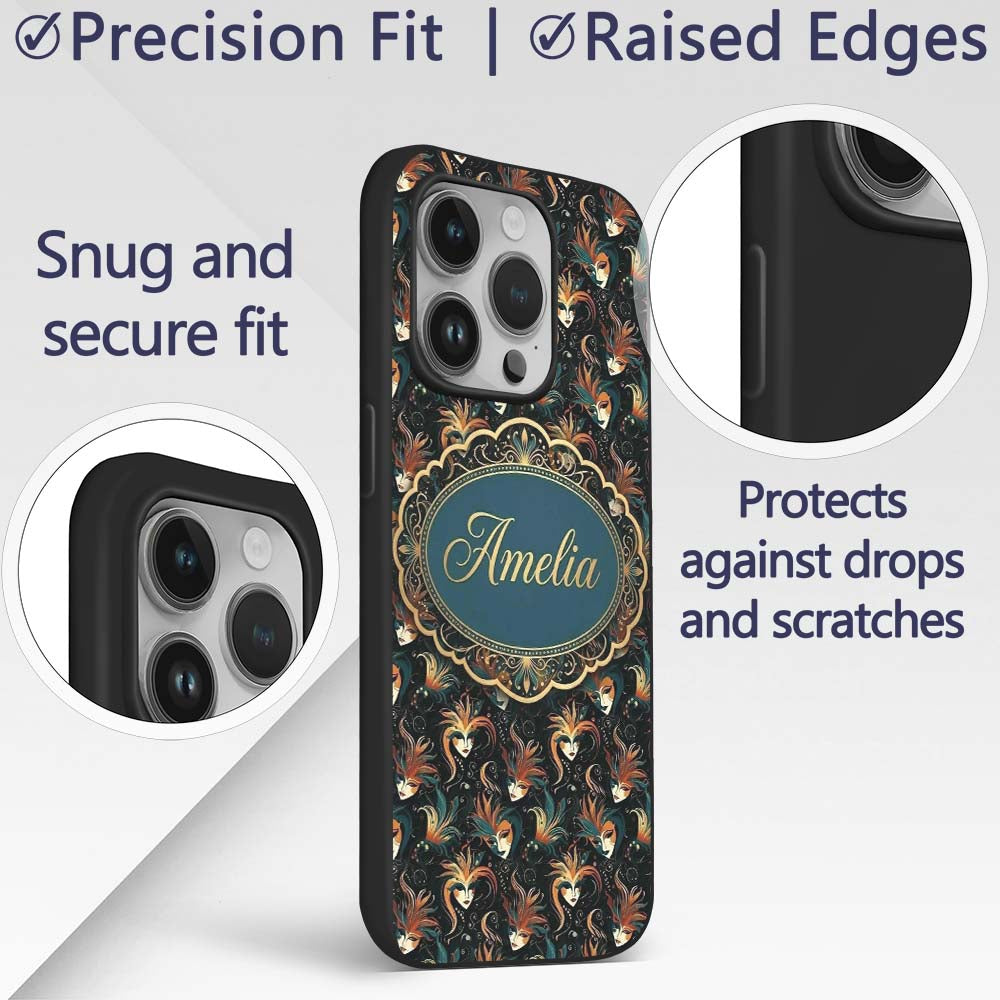 Stylised Fantasy Mask Pattern with Flowing Hair Custom Name Protective Phone Case Mobile Cover Durable Everyday Smartphone Shock Resistant