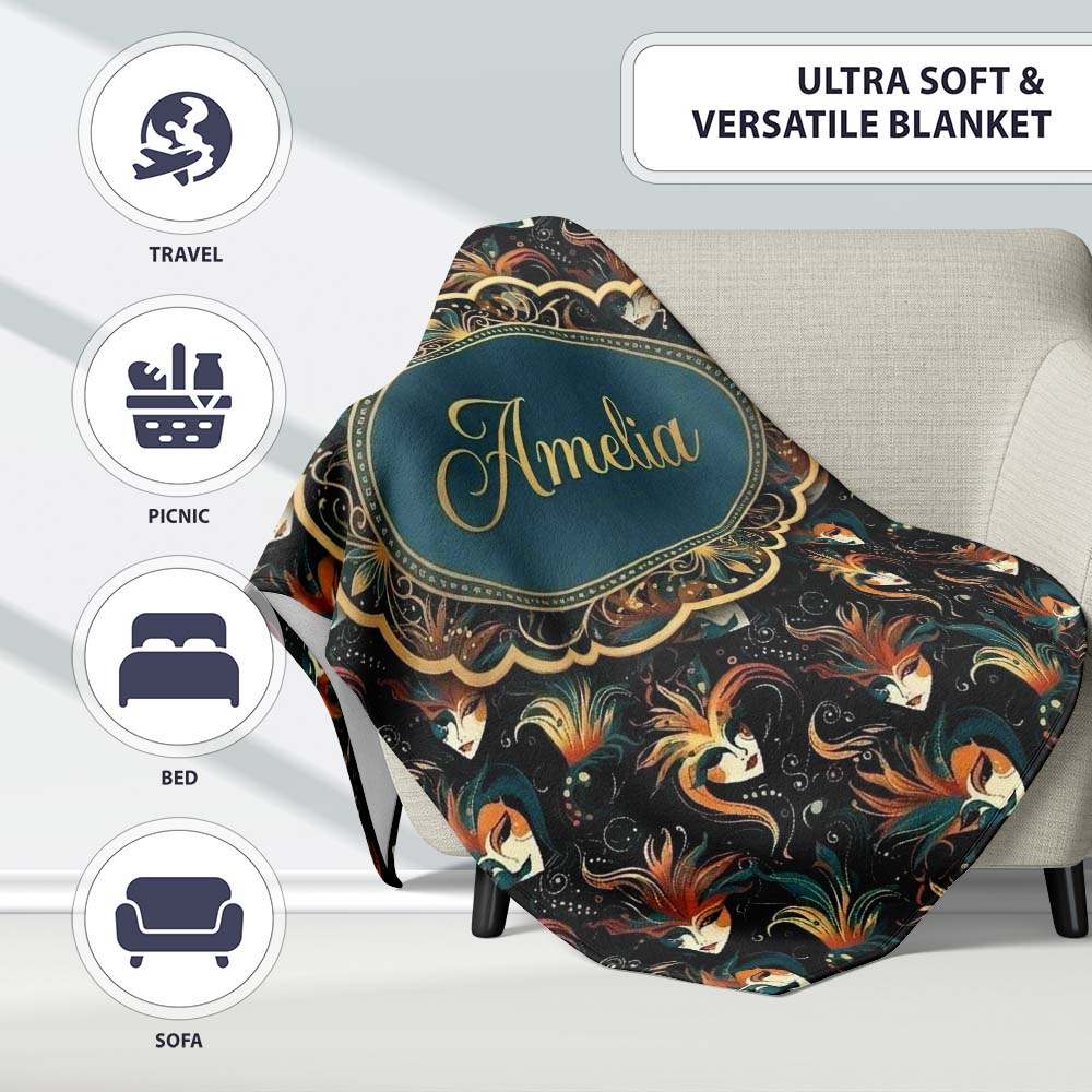 Stylised Fantasy Mask Pattern with Flowing Hair in Warm Orange and  Personalised Custom Name Super Soft Fleece Blanket Bed Sofa Throw