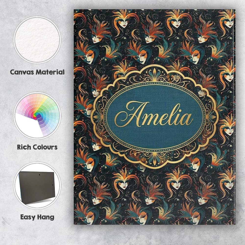 Personalised Name Stylised Fantasy Mask Custom  Modern Room Accent Elegant Feature Canvas Wall Art Print Decor Picture Ready to Hang