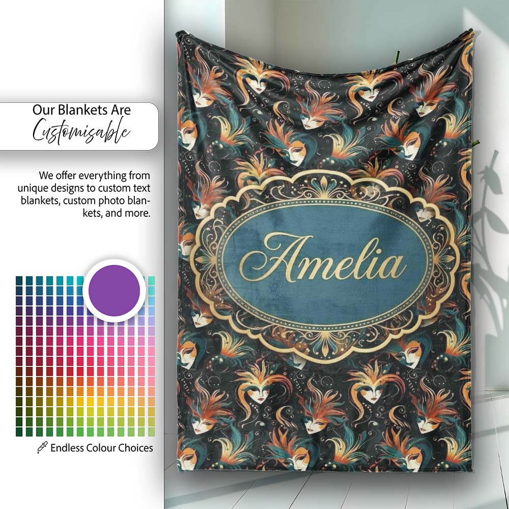 Stylised Fantasy Mask Pattern with Flowing Hair in Warm Orange and  Personalised Custom Name Super Soft Fleece Blanket Bed Sofa Throw