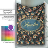 Stylised Fantasy Mask Pattern with Flowing Hair in Warm Orange and  Personalised Custom Name Super Soft Fleece Blanket Bed Sofa Throw