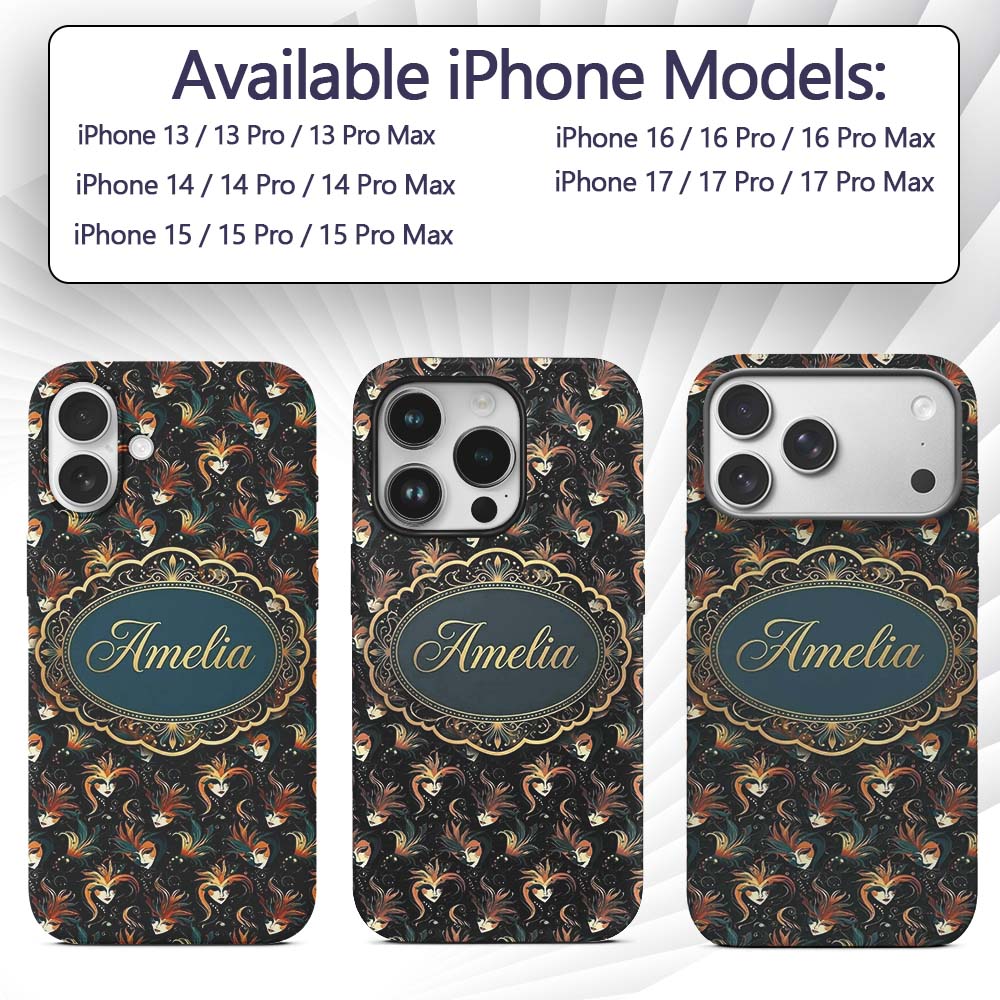 Stylised Fantasy Mask Pattern with Flowing Hair Custom Name Protective Phone Case Mobile Cover Durable Everyday Smartphone Shock Resistant